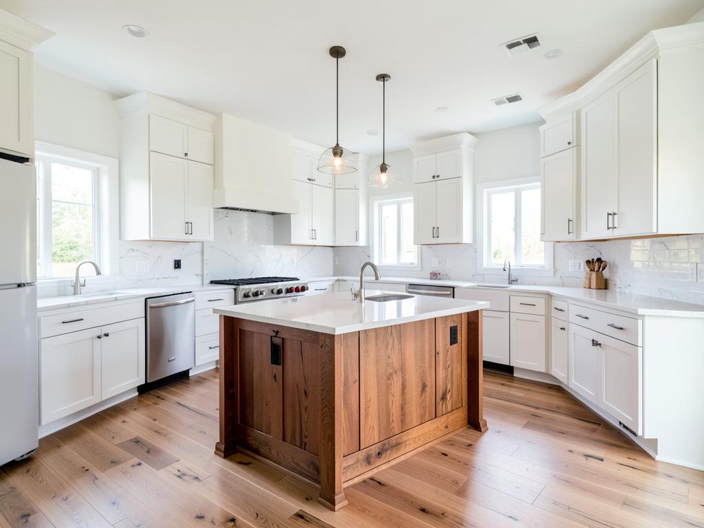 Sample project photo: finished kitchen remodel with white cabinets and an oak island